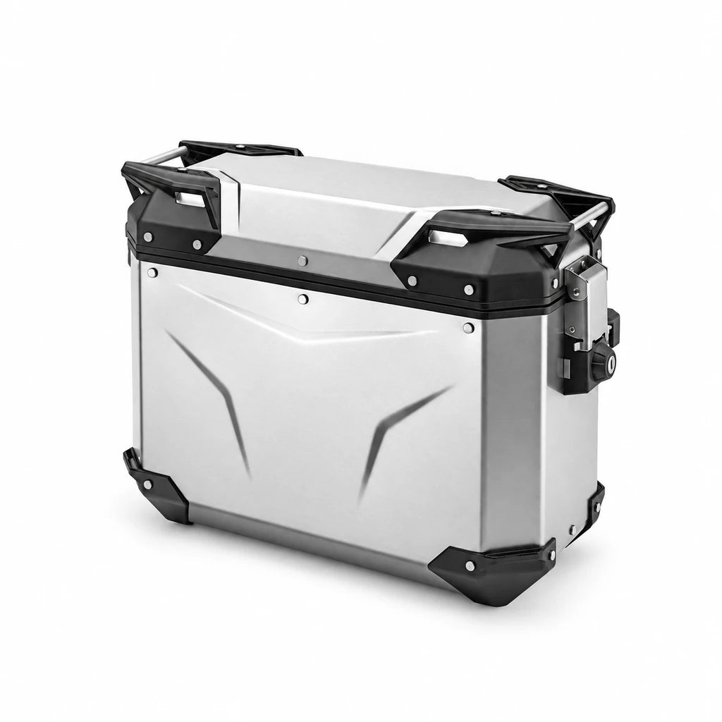 Silver motorcycle side case on a white background