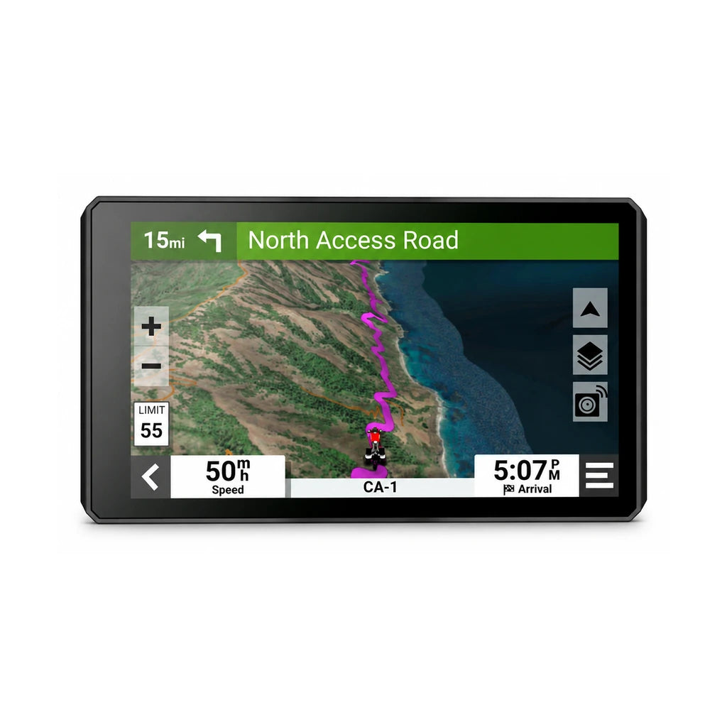 A black motorcycle GPS device with its real map screen visible on white