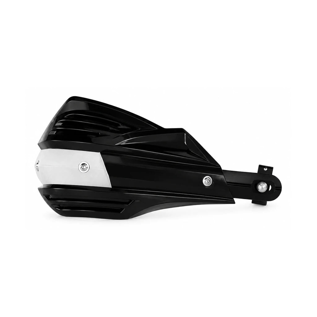 A black motorcycle handguard with a silver backbone and mounting loop on white