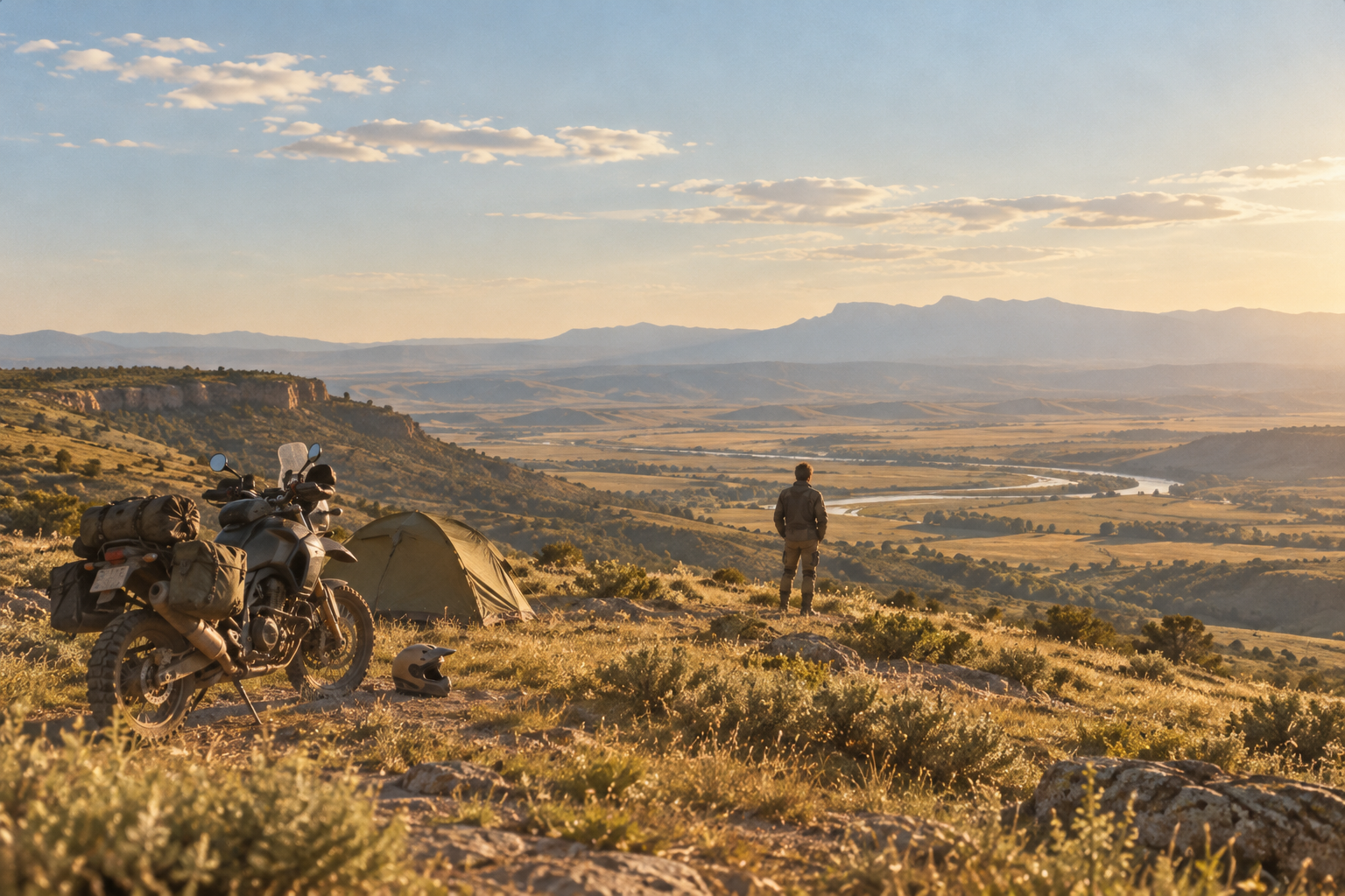 Illustrative campsite overlooking open country